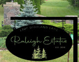 Metal personal sign with evergreens