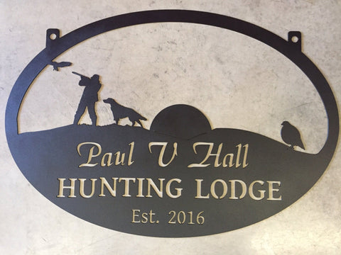 3' Metal  QUAIL HUNTER Sign with Quail , Hunter and DOG, hills and rising sun