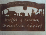 Metal CABIN Sign with COYOTE,BEAR ,Cabin ,woodland scene  customized with your name