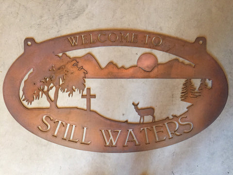 3ft mountain sign, lake ,deer sign , metal sign with your name