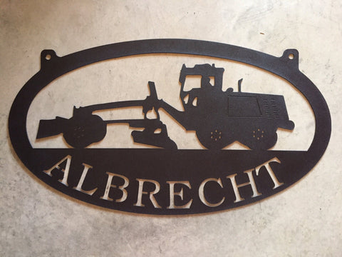 Metal Roadgrader sign with ALBRECHT in black finish