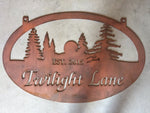 TWILIGHT LANE metal sign with evergreens and setting sun