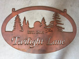 TWILIGHT LANE metal sign with evergreens and setting sun