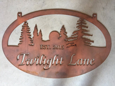 TWILIGHT LANE metal sign with evergreens and setting sun