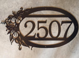 Metal house number, oval floral