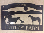 Metal farm sign with HORSE COW MOUNTAIN scene