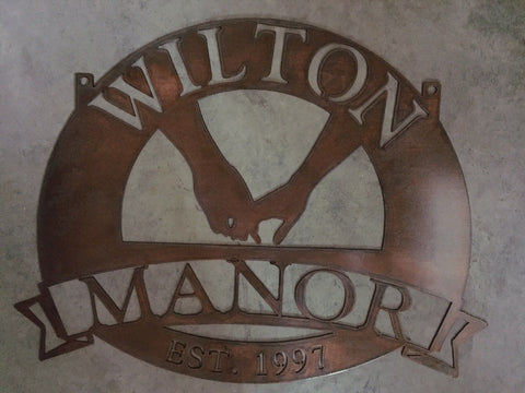 Personalized, metal sign  with holding hands silhouette