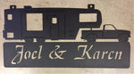 METAL CAMPER SIGN, metal sign with camper and pickup truck.