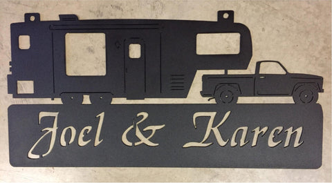 METAL CAMPER SIGN, metal sign with camper and pickup truck.