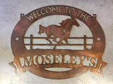 Metal HORSE sign with galluping horse and your name in banner