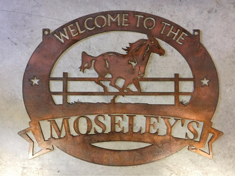Metal HORSE sign with galluping horse and your name in banner