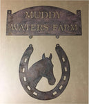 2 pc metal sign with horse shoe and YOUR FARM name