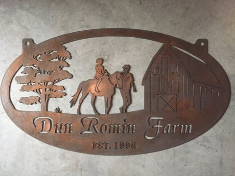 Metal HORSE Sign with  Barn and Man leading Girl on Horse,3ft sign