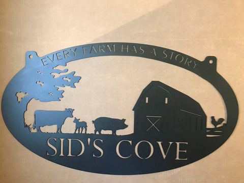 Personalized Metal Sign with  barn, pig ,cow , calf, chicken scene