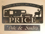 Personalized, metal sign with CAMPER and pickup truck and buck