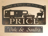 Personalized, metal sign with CAMPER and pickup truck and buck