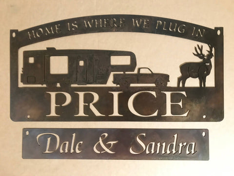 Personalized, metal sign with CAMPER and pickup truck and buck