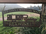 Personalized, metal CAMPER sign with CAMPER and pickup truck and 2 dogs
