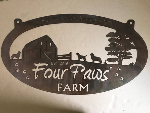 4ft Metal BARN Sign with  Barn and Dogs