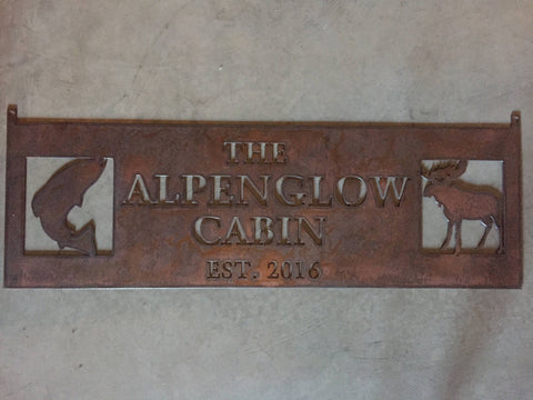 Metal FISH , MOOSE sign ALPENGLOW  in copper patina