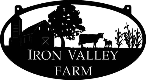 Metal FARM  Sign with  barn and cow and corn stalks ,3ft sign  with your name