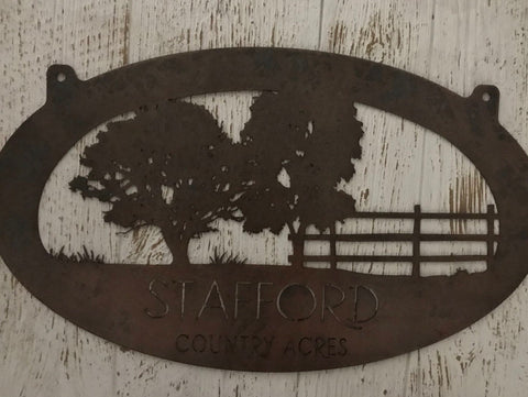 32 inch  Metal Sign with tree , fence customized with your name
