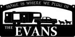 Personalized, metal CAMPER sign with CAMPER and pickup truck and 2 dogs
