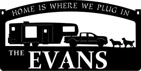 Personalized, metal CAMPER sign with CAMPER and pickup truck and 2 dogs