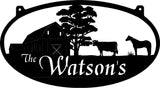 Metal BARN Sign with  cow and horse scene customized with your name