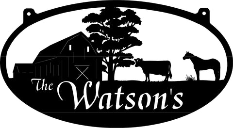 Metal BARN Sign with  cow and horse scene customized with your name