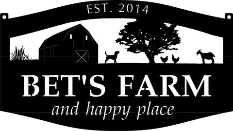 Metal Sign with Barn , CHICKENS , GOAT and cattails scene customized with your name
