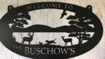 3ft Metal Sign with BUCK, DOE, BEAGLE and Rabbit scene customized with your name