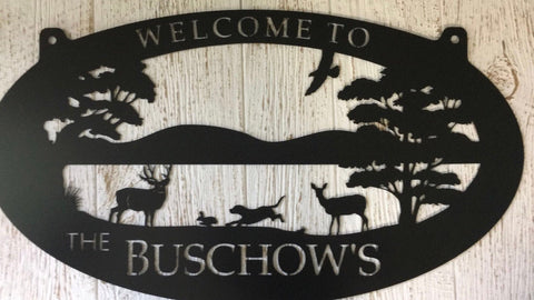 3ft Metal Sign with BUCK, DOE, BEAGLE and Rabbit scene customized with your name