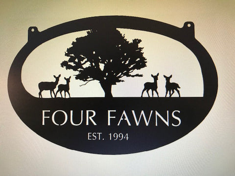 Metal Sign with  FAWNS, tree scene  with your name