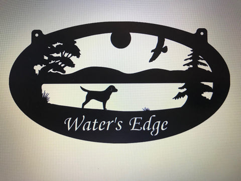 Metal Sign ,LAKE, MOUNTAINS and DOG silhouette