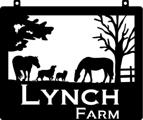 23 inch Personalized Metal Sign with HORSES AND DOGS Country Scene