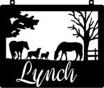 23 inch Personalized Metal Sign with HORSES AND DOGS Country Scene