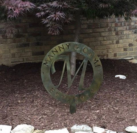 Metal monogram sign, monogram on stake  ,monogram with baked on  finish