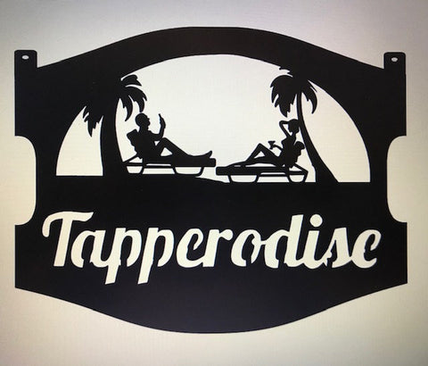 Metal sign ,beach couple lounging,  palm trees