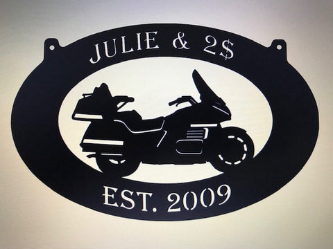 Metal MOTERCYCLE sign with motercycle and custom name