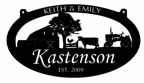 4 ft  Metal Sign with  barn and cow and TRACTOR  scene customized with your name