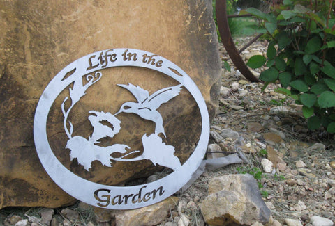 Life in the Garden, oval hummingbird sign, Metal Garden Sign