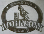 Personalized, metal sign with barrel racer