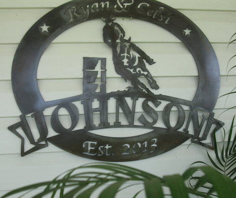 Personalized, metal sign with barrel racer