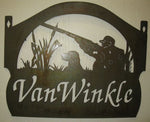 Metal HUNTER sign, Hunter and dog in bulrushes
