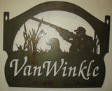 Metal HUNTER sign, Hunter and dog in bulrushes