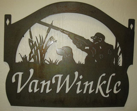 Metal HUNTER sign, Hunter and dog in bulrushes