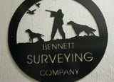 Metal HUNTER sign, with hunter, dog in black powder coat finish