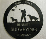Metal HUNTER sign, with hunter, dog in black powder coat finish