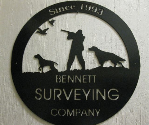 Metal HUNTER sign, with hunter, dog in black powder coat finish